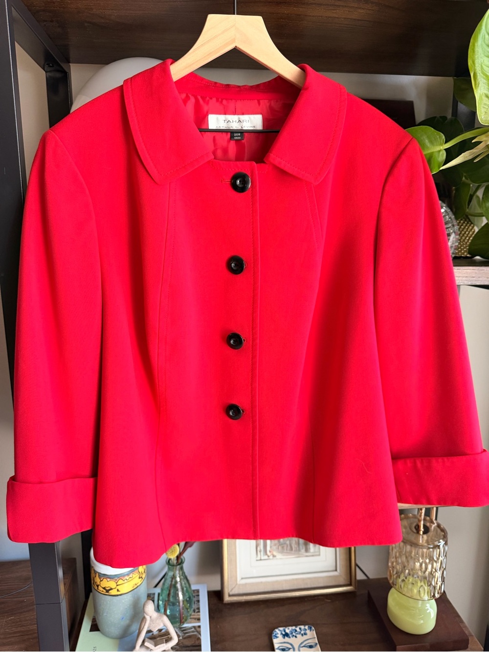 Tahari Bright Red Cropped Peacoat with Black Buttons
